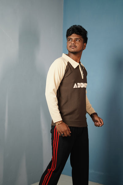 Men's Full Sleeve Polo T-Shirt ADDICT Printed-Brown