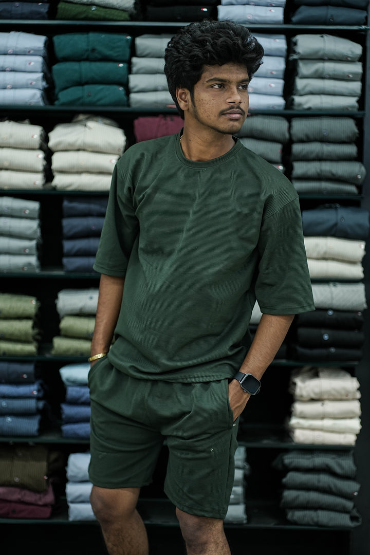 Five Sleeve Plain Co-ord Set Tshirt and Shorts - Bottle Green