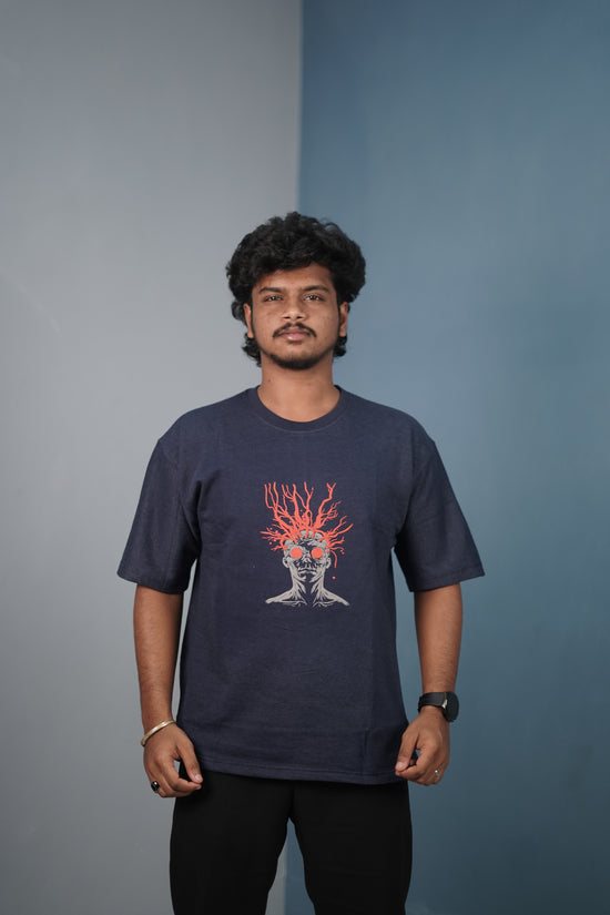 Mens Graphic Oversized T‑Shirt | Streetwear Abstract Art Print Tee - Navy Blue