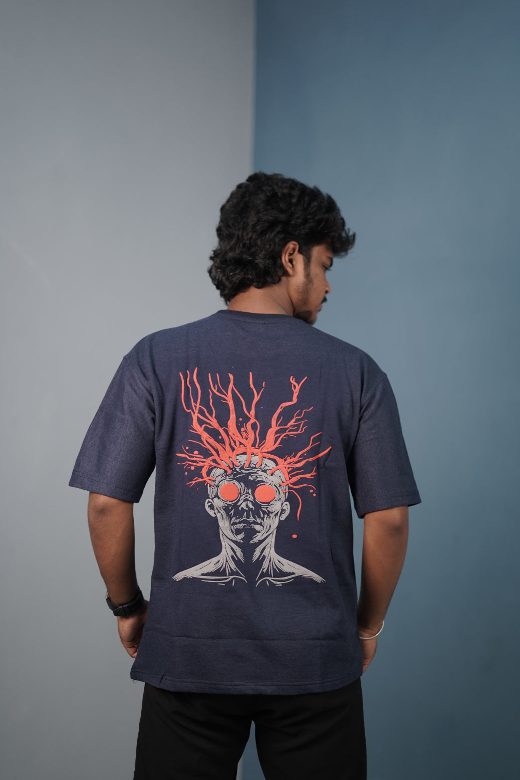 Mens Graphic Oversized T‑Shirt | Streetwear Abstract Art Print Tee - Navy Blue