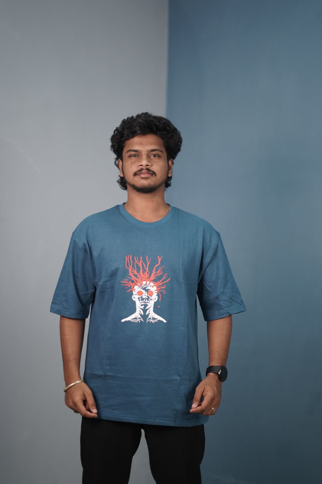 Mens Graphic Oversized T‑Shirt | Streetwear Abstract Art Print Tee - Petrol Blue