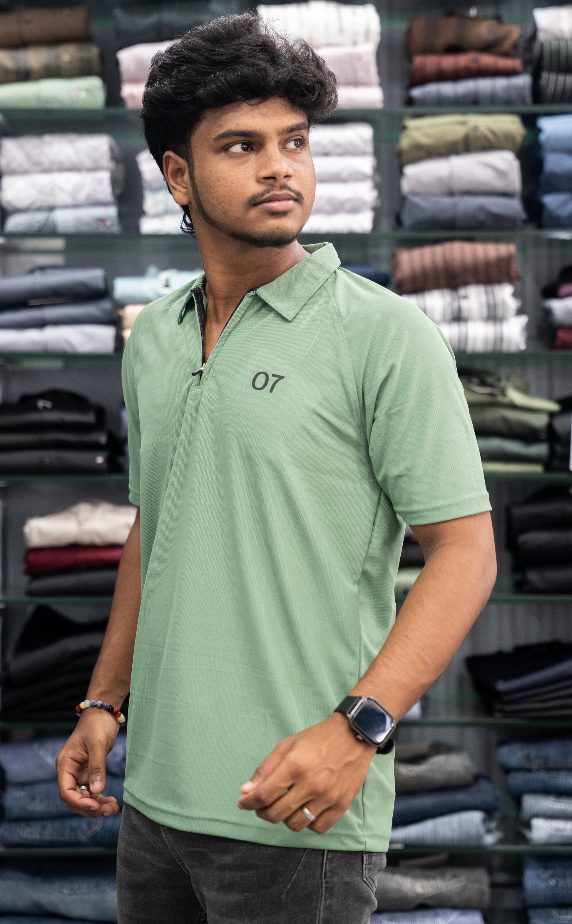 07 - Short Sleeve Zipper With Collar Attractive Men's Tshirt - Dark Pistha Green