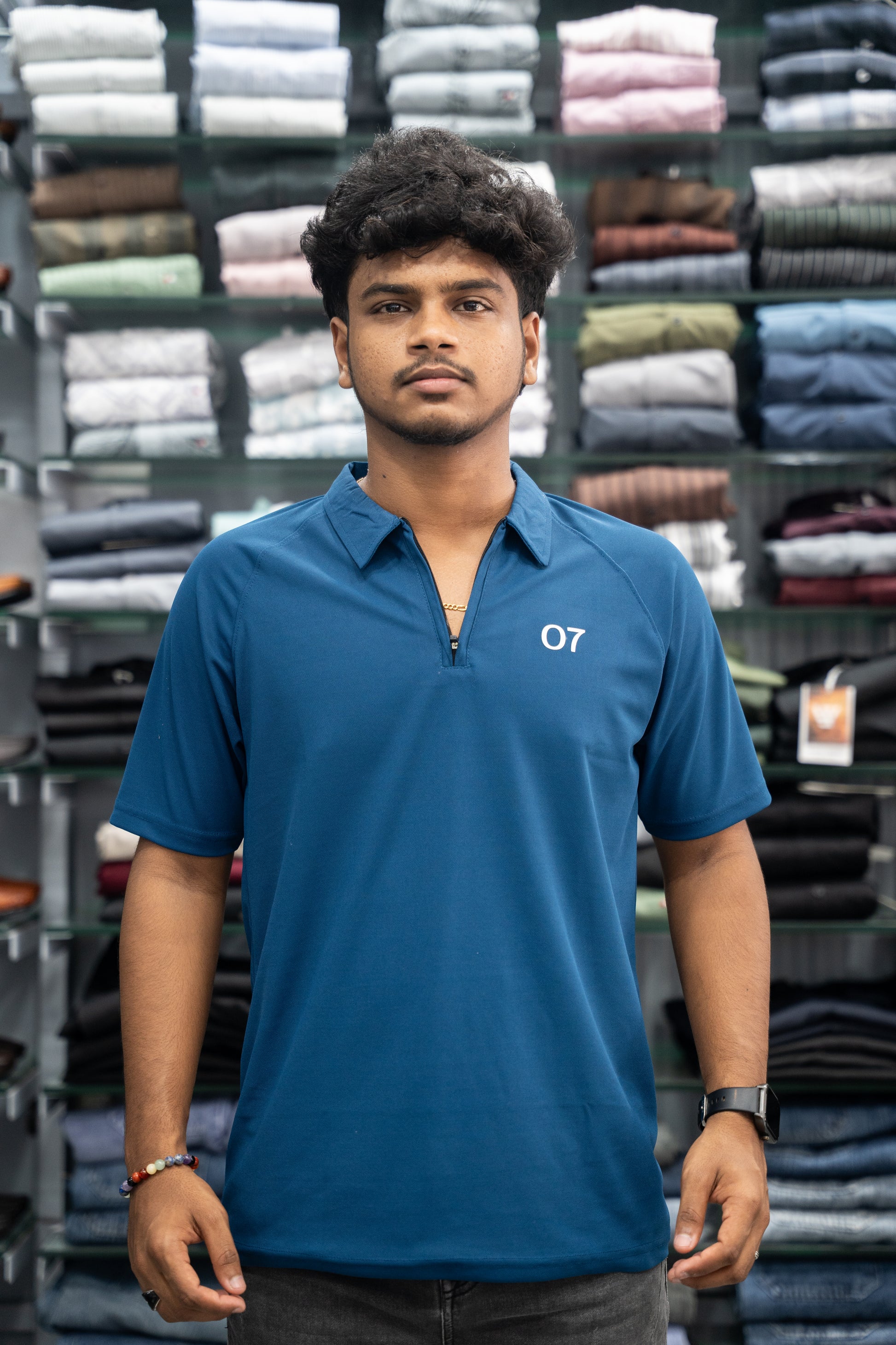 07 - Short Sleeve Zipper With Collar Attractive Men's Tshirt - Petrol Blue