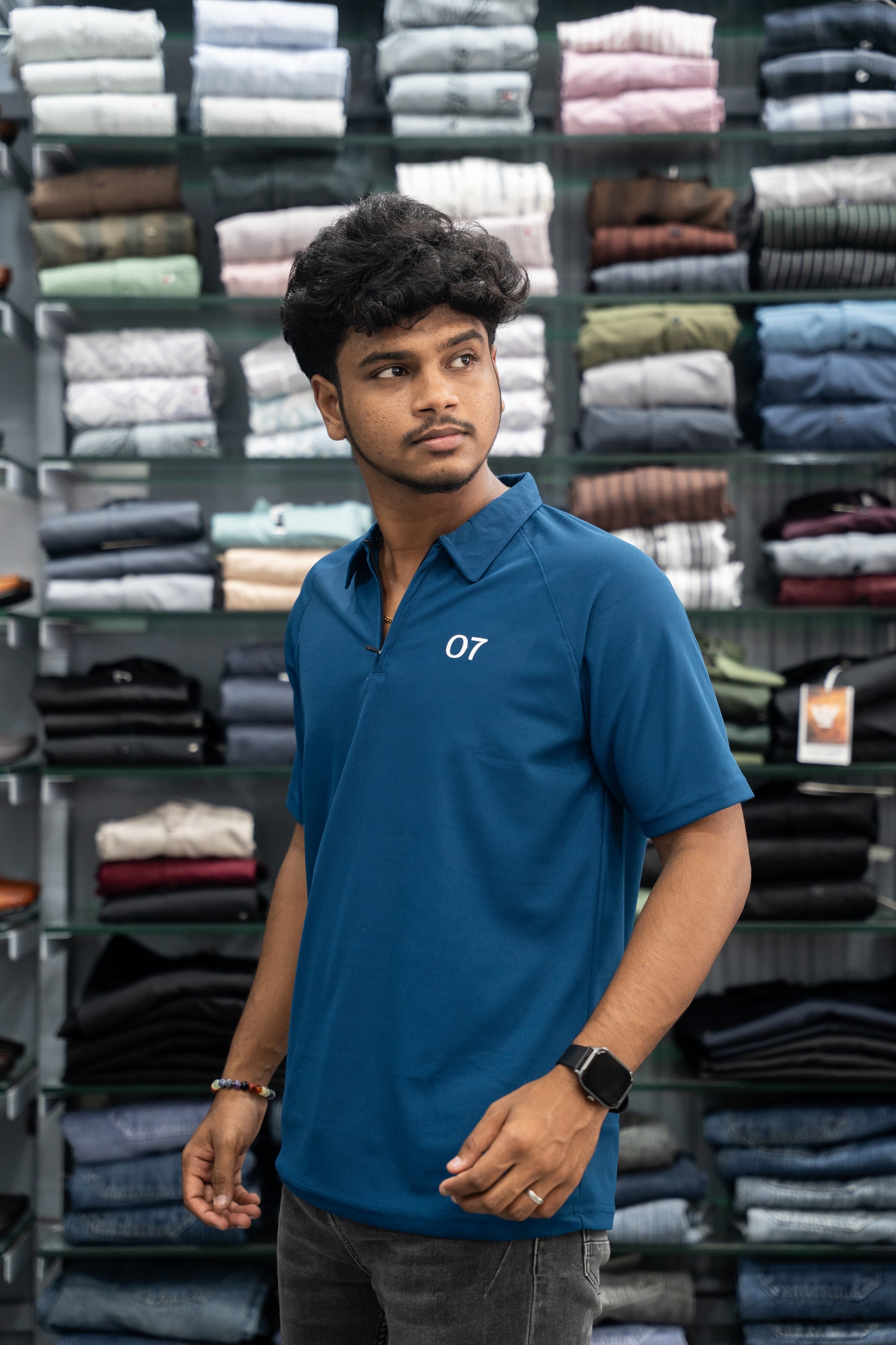 07 - Short Sleeve Zipper With Collar Attractive Men's Tshirt - Petrol Blue