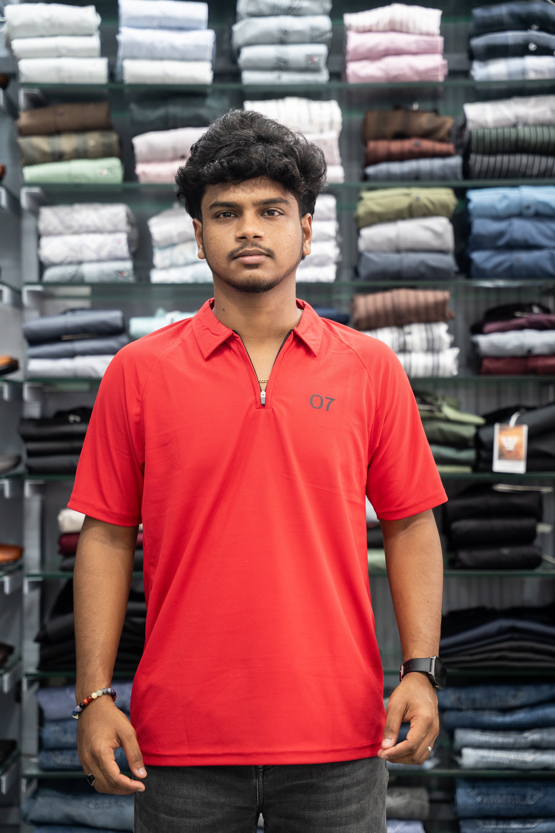 07 - Short Sleeve Zipper With Collar Attractive Men's Tshirt - Red