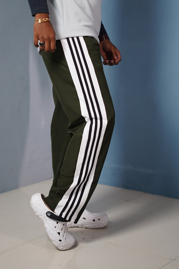 Panel Tripe Stripe Street Baggy Track Pants for Men – Gym & Daily Wear -Mehandi Green