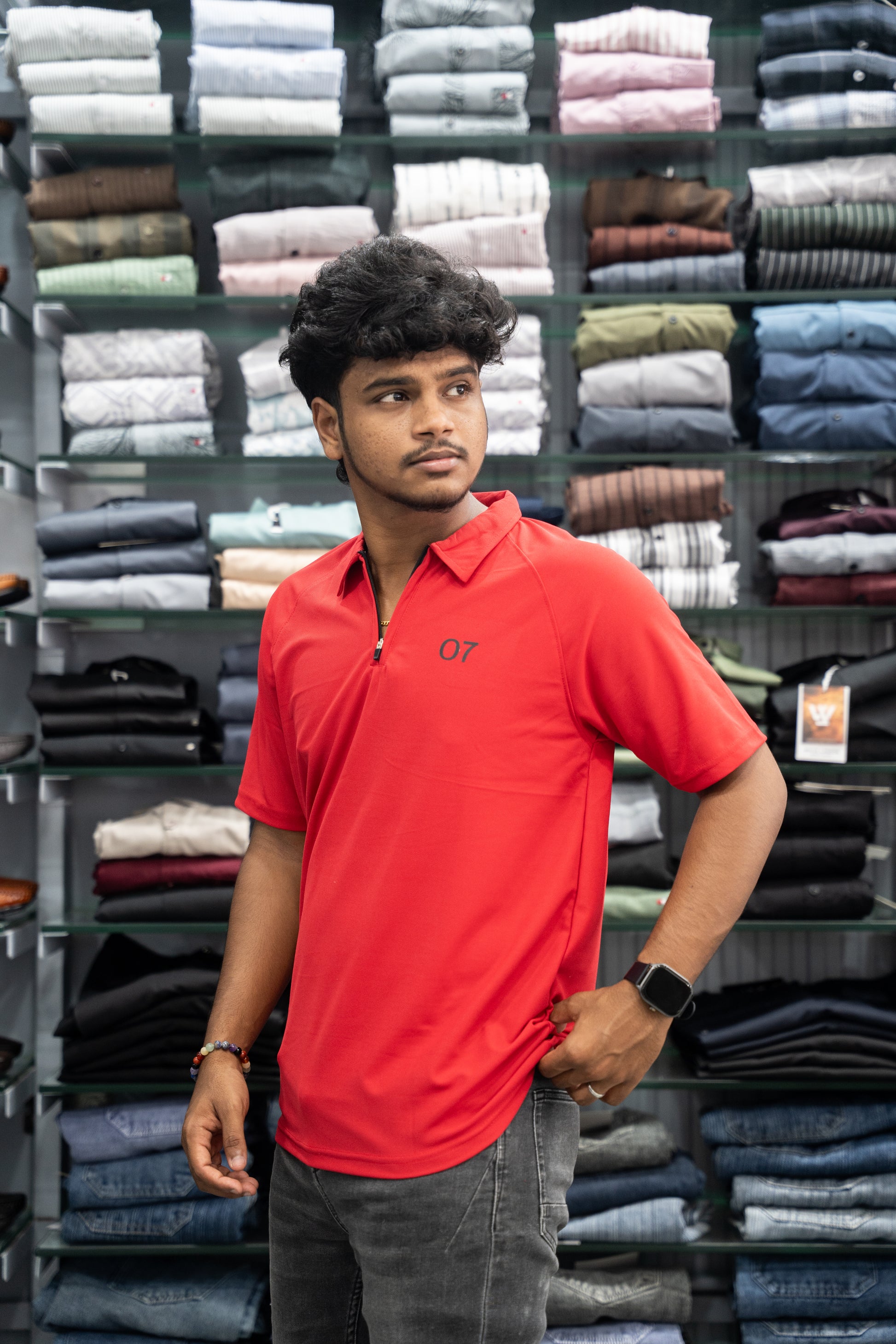 07 - Short Sleeve Zipper With Collar Attractive Men's Tshirt - Red