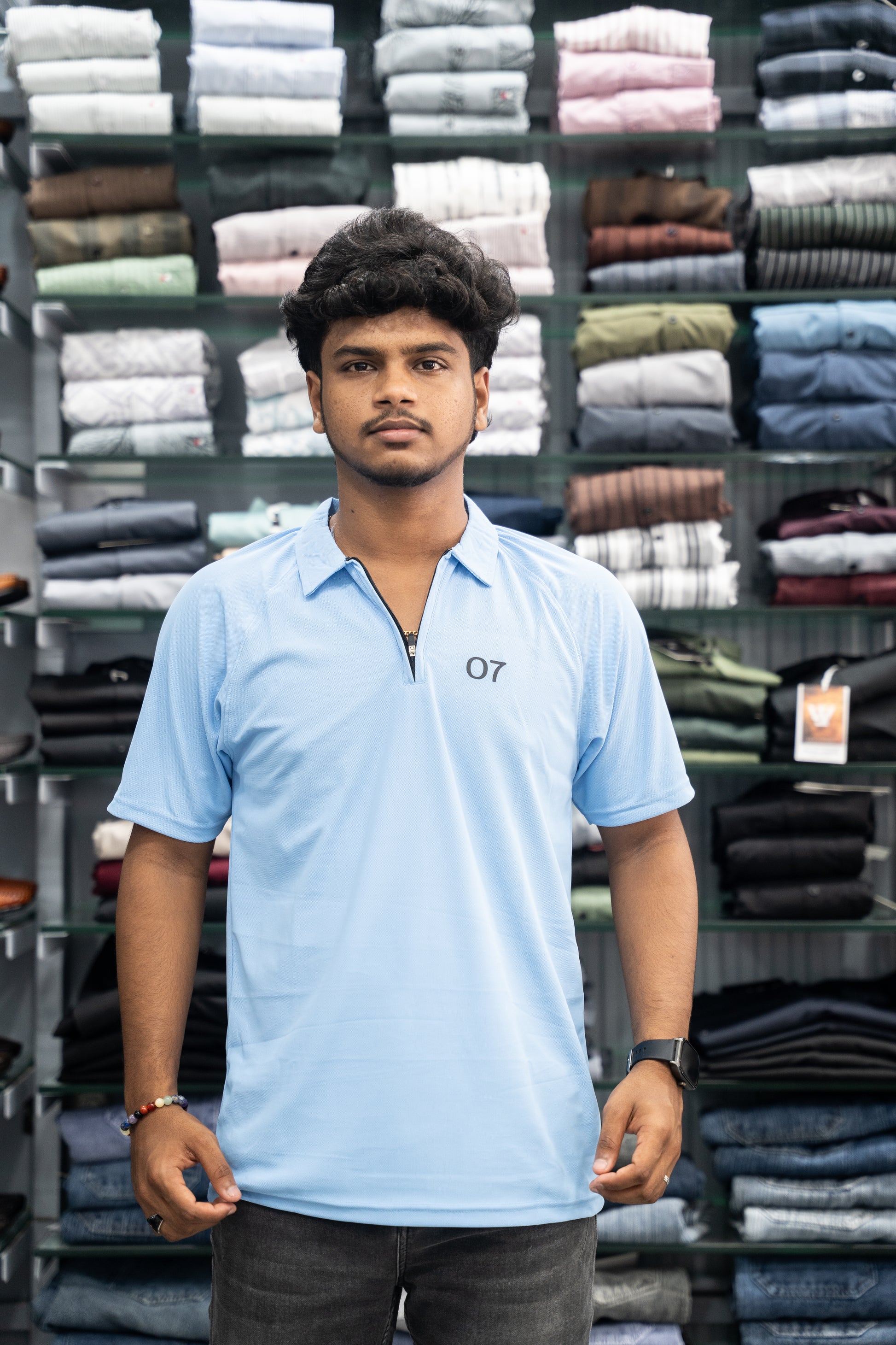 07 - Short Sleeve Zipper With Collar Attractive Men's Tshirt - Sky Blue
