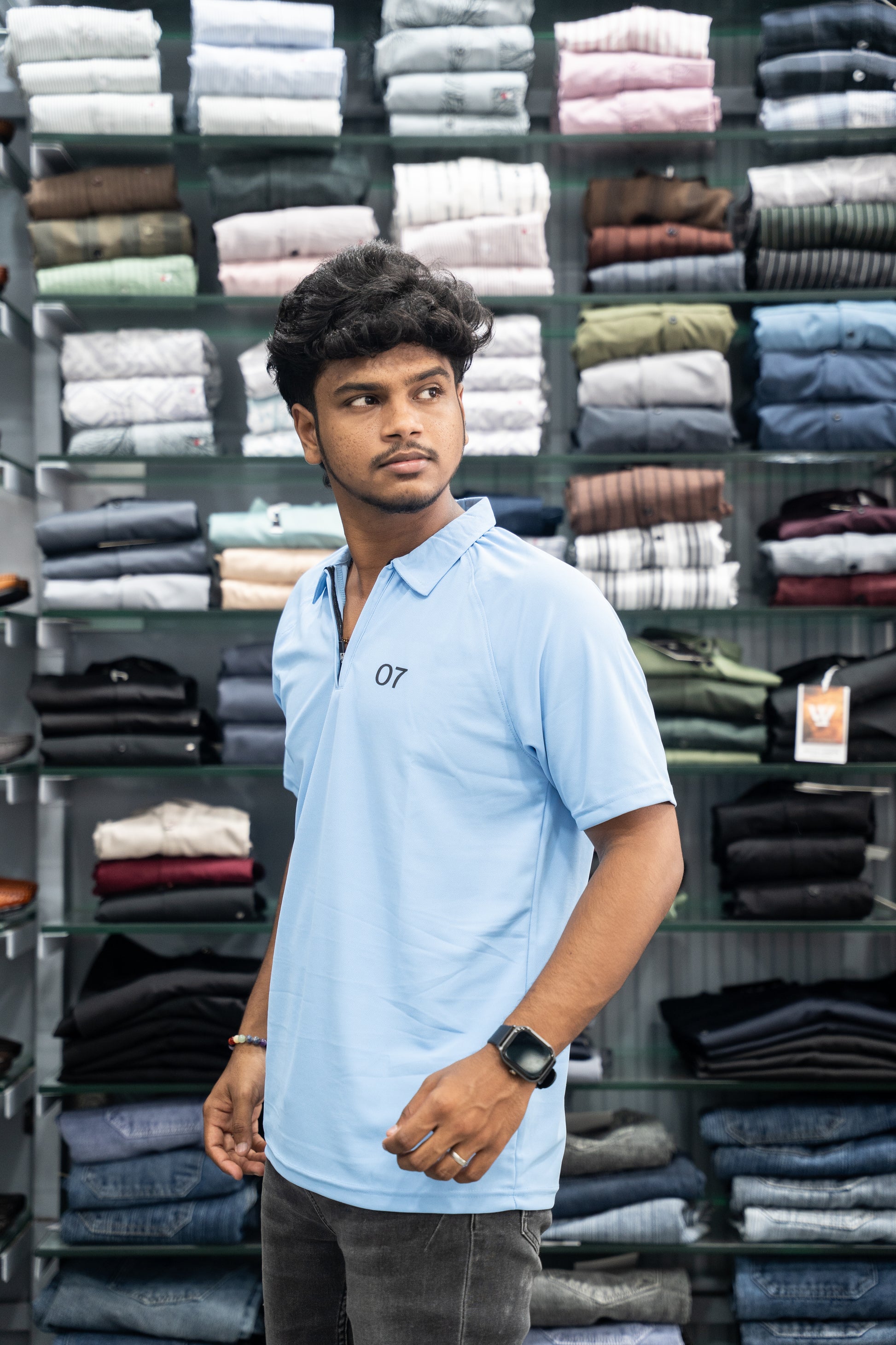 07 - Short Sleeve Zipper With Collar Attractive Men's Tshirt - Sky Blue