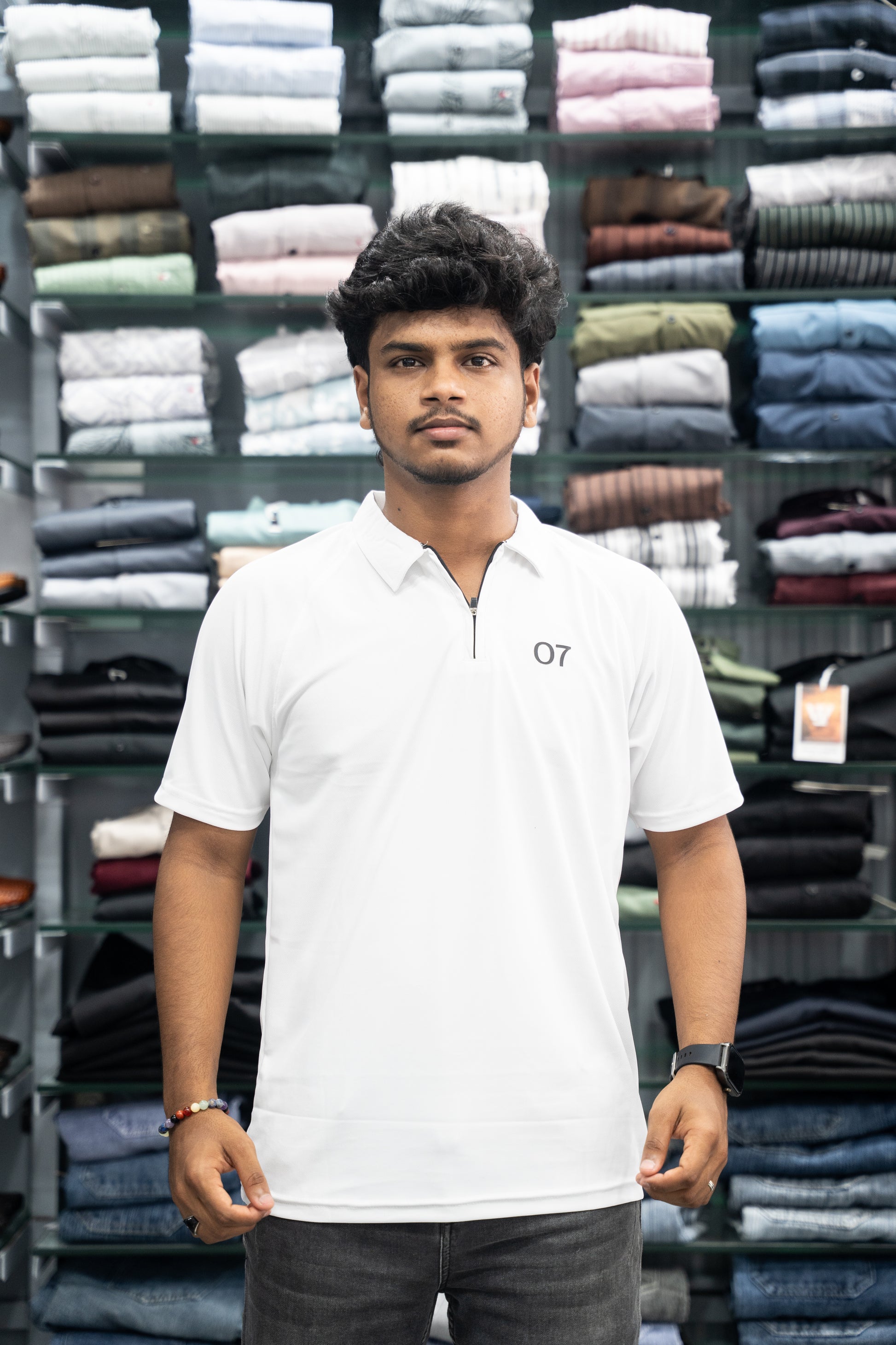 07 - Short Sleeve Zipper With Collar Attractive Men's Tshirt - White