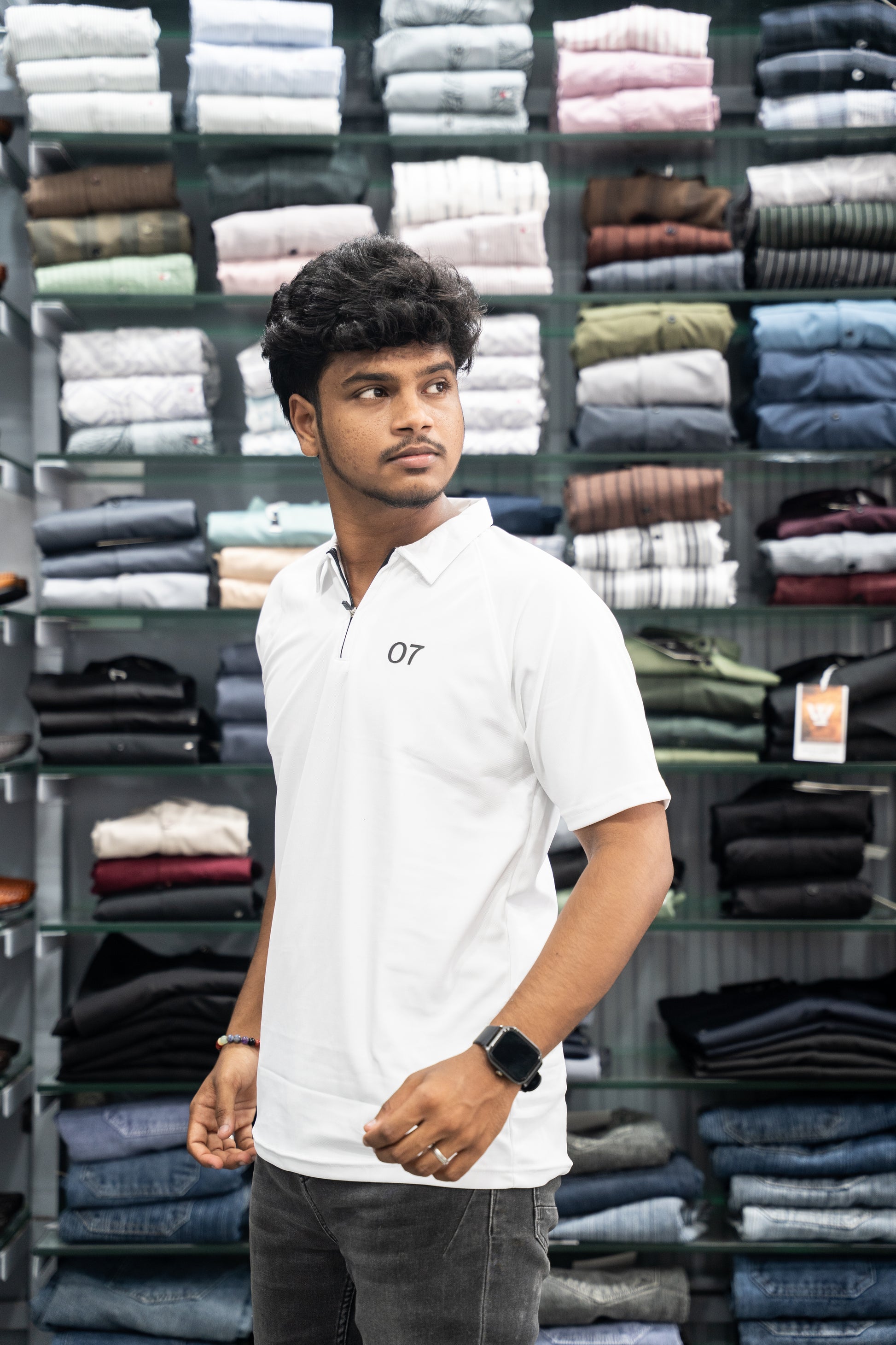 07 - Short Sleeve Zipper With Collar Attractive Men's Tshirt - White