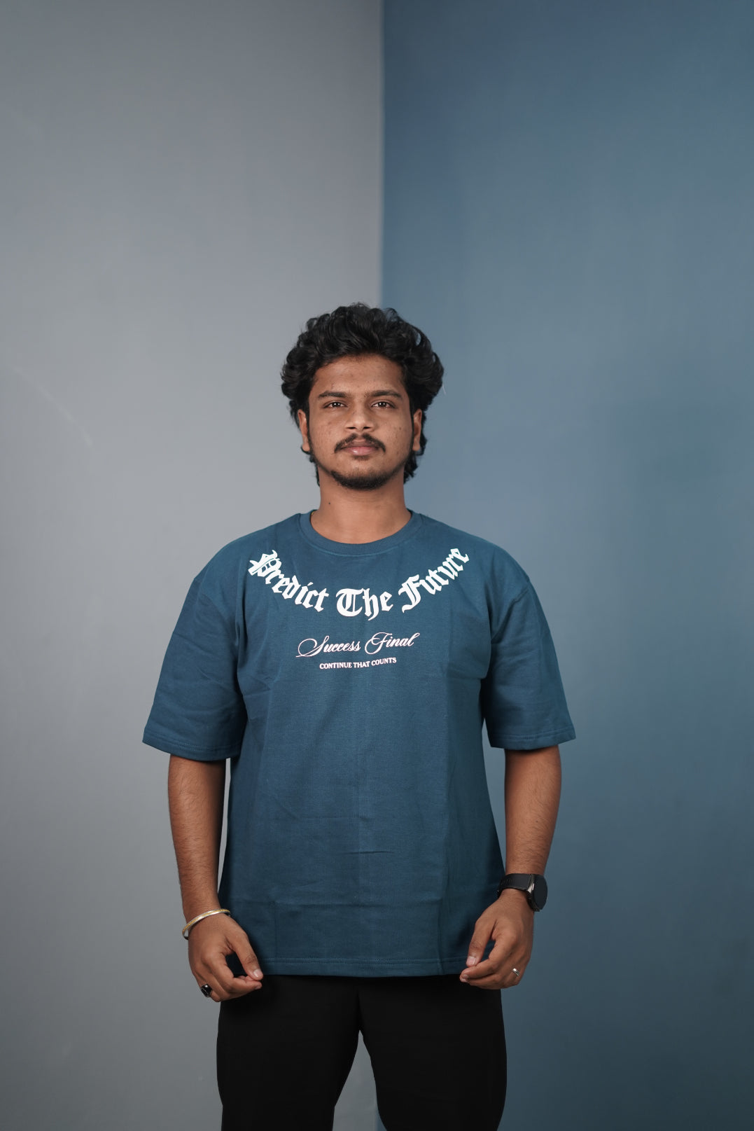 Mens Graphic Oversized T‑Shirt | Streetwear PREDICT THE FUTURE  Print Tee - Petrol Blue