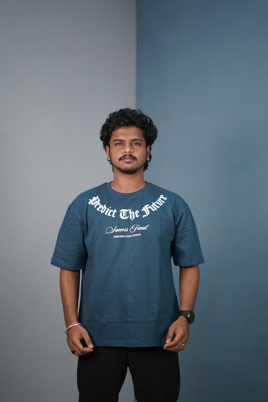 Mens Graphic Oversized T‑Shirt | Streetwear PREDICT THE FUTURE  Print Tee - Petrol Blue