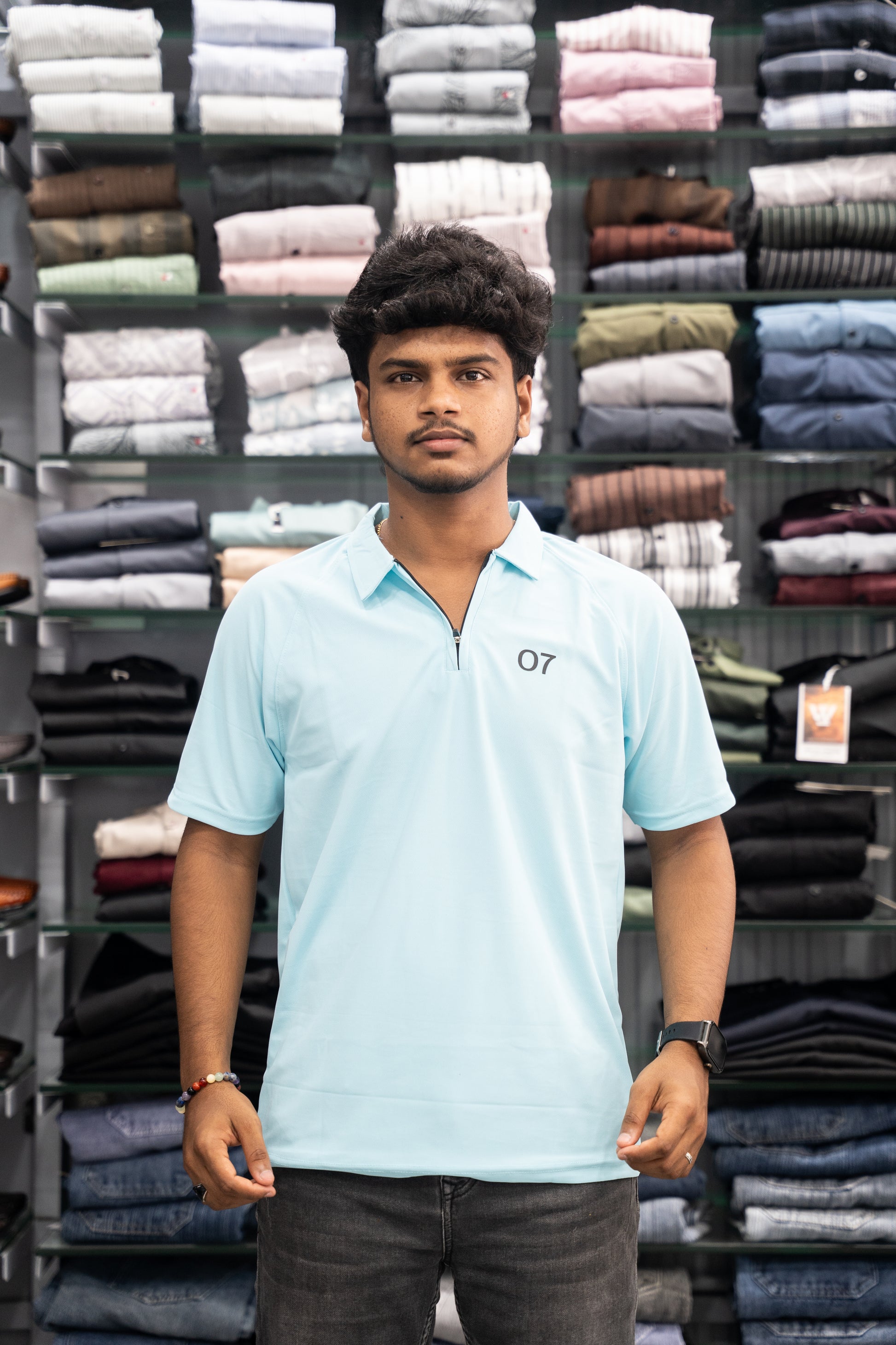 07 - Short Sleeve Zipper With Collar Attractive Men's Tshirt - Ice Blue