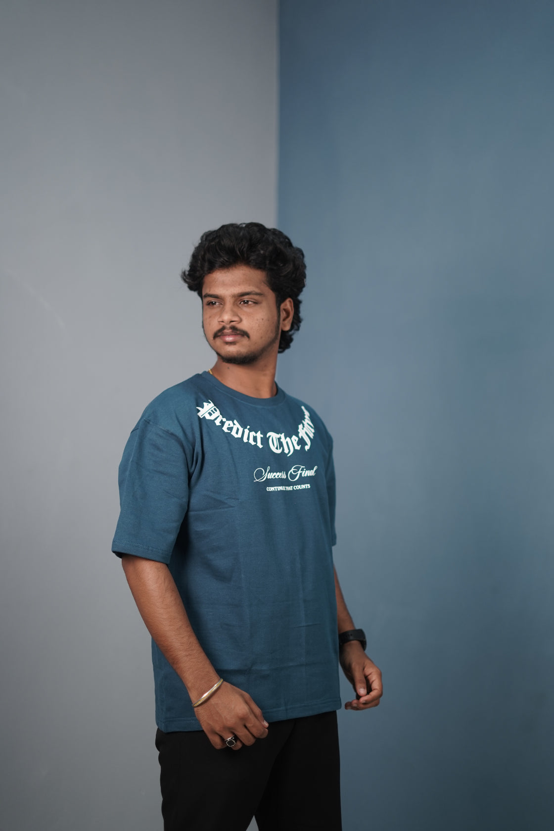 Mens Graphic Oversized T‑Shirt | Streetwear PREDICT THE FUTURE  Print Tee - Petrol Blue