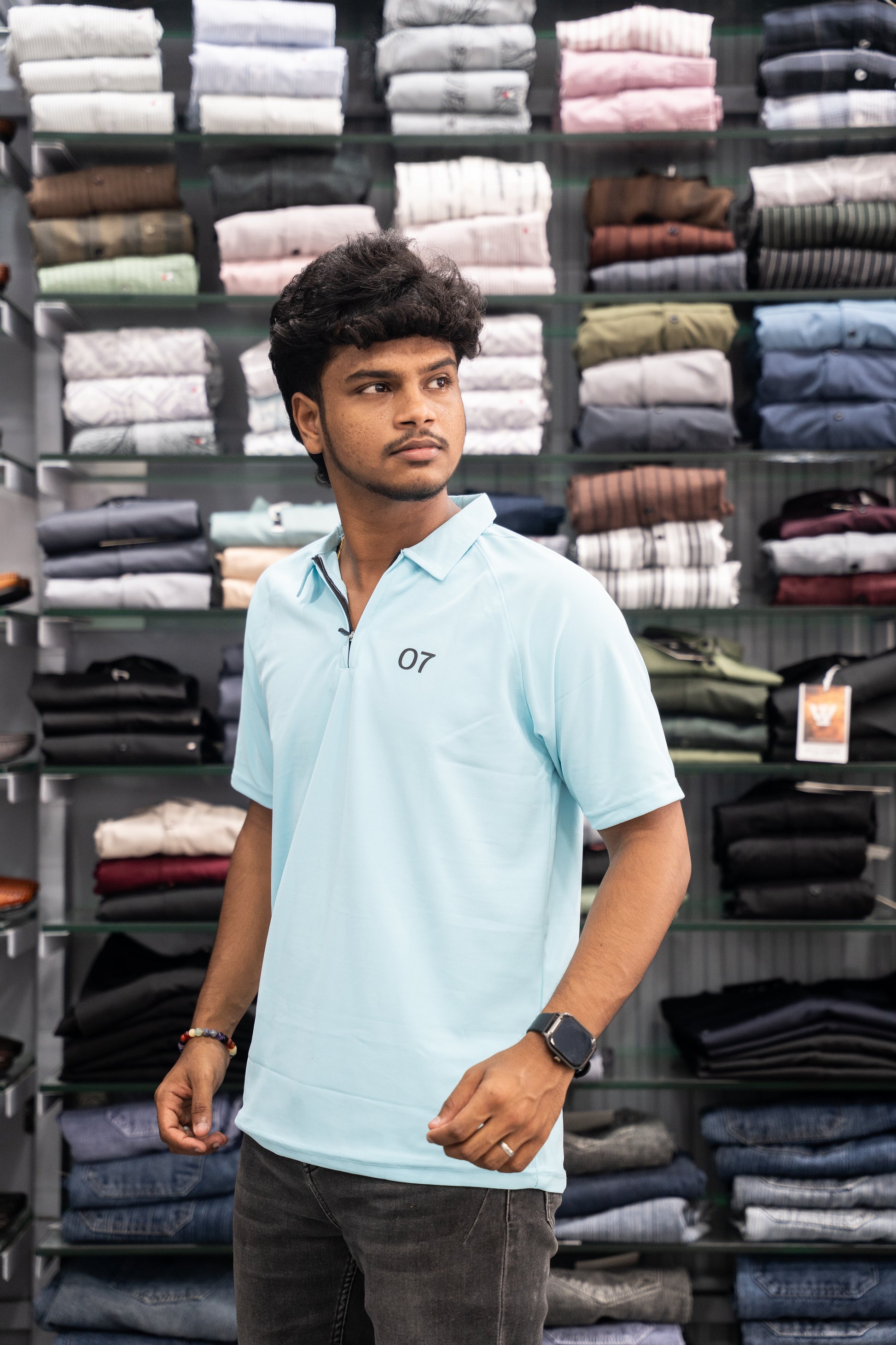 07 - Short Sleeve Zipper With Collar Attractive Men's Tshirt - Ice Blue
