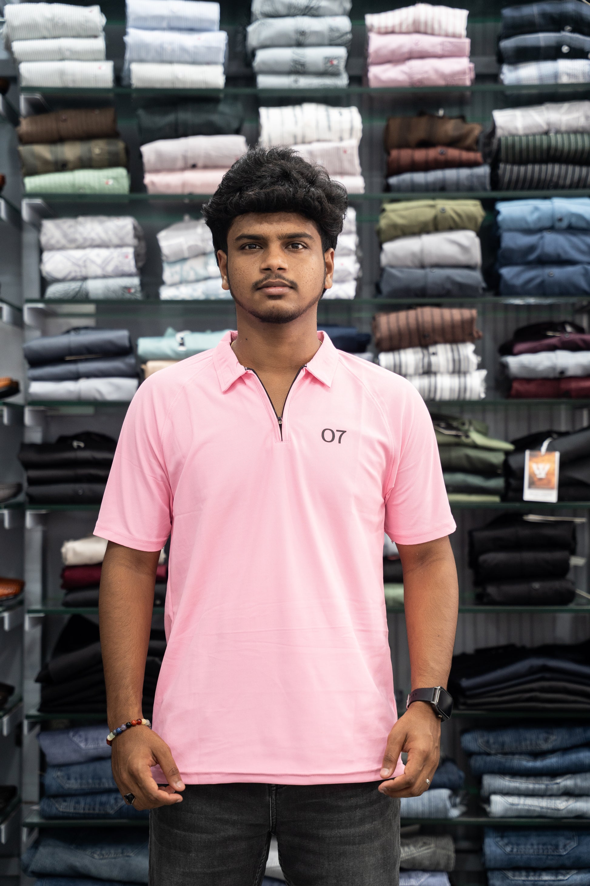 07 - Short Sleeve Zipper With Collar Attractive Men's Tshirt - Aqua Pink
