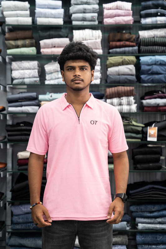 07 - Short Sleeve Zipper With Collar Attractive Men's Tshirt - Aqua Pink