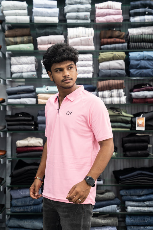 07 - Short Sleeve Zipper With Collar Attractive Men's Tshirt - Aqua Pink