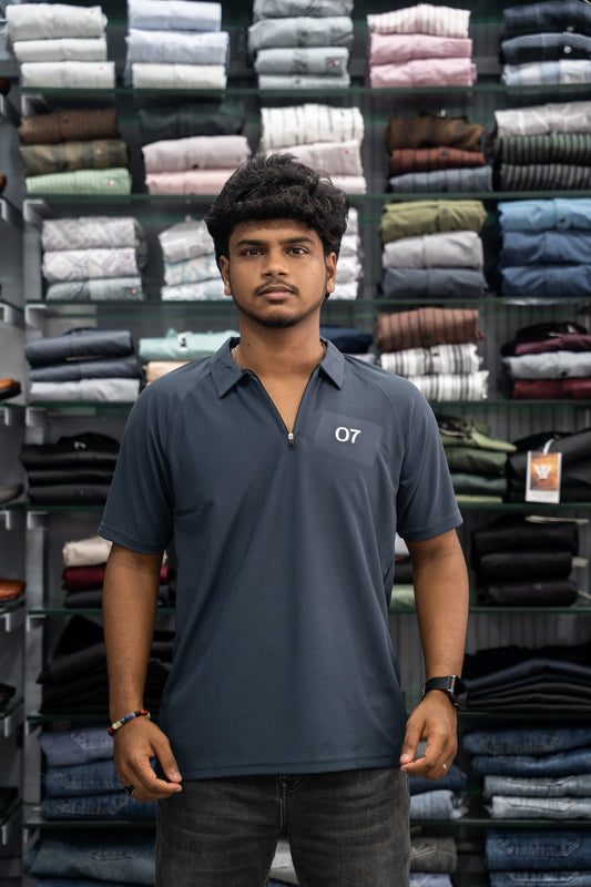 07 - Short Sleeve Zipper With Collar Attractive Men's Tshirt - Dark Grey