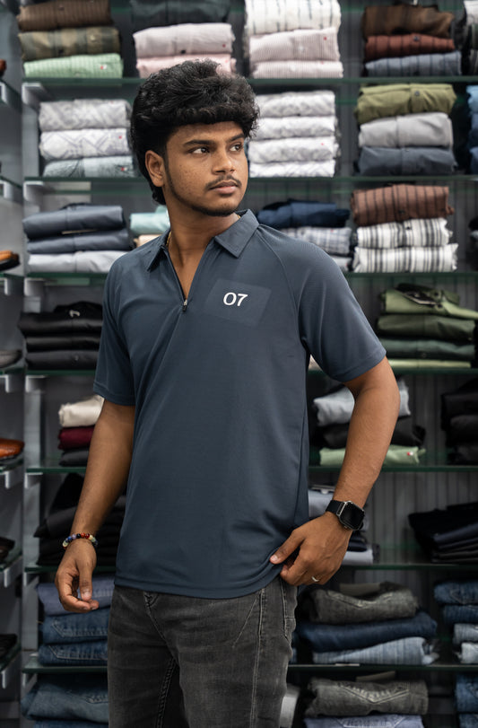 07 - Short Sleeve Zipper With Collar Attractive Men's Tshirt - Dark Grey