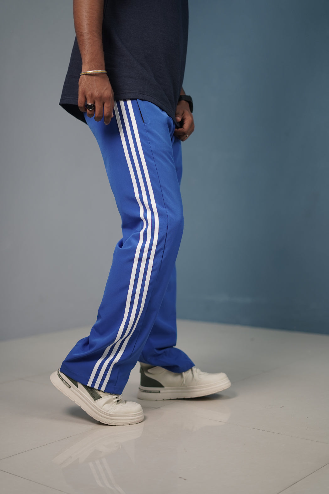 Triple-Stripe Street Baggy Track Pants for Men – Gym & Daily Wear - Ink Blue