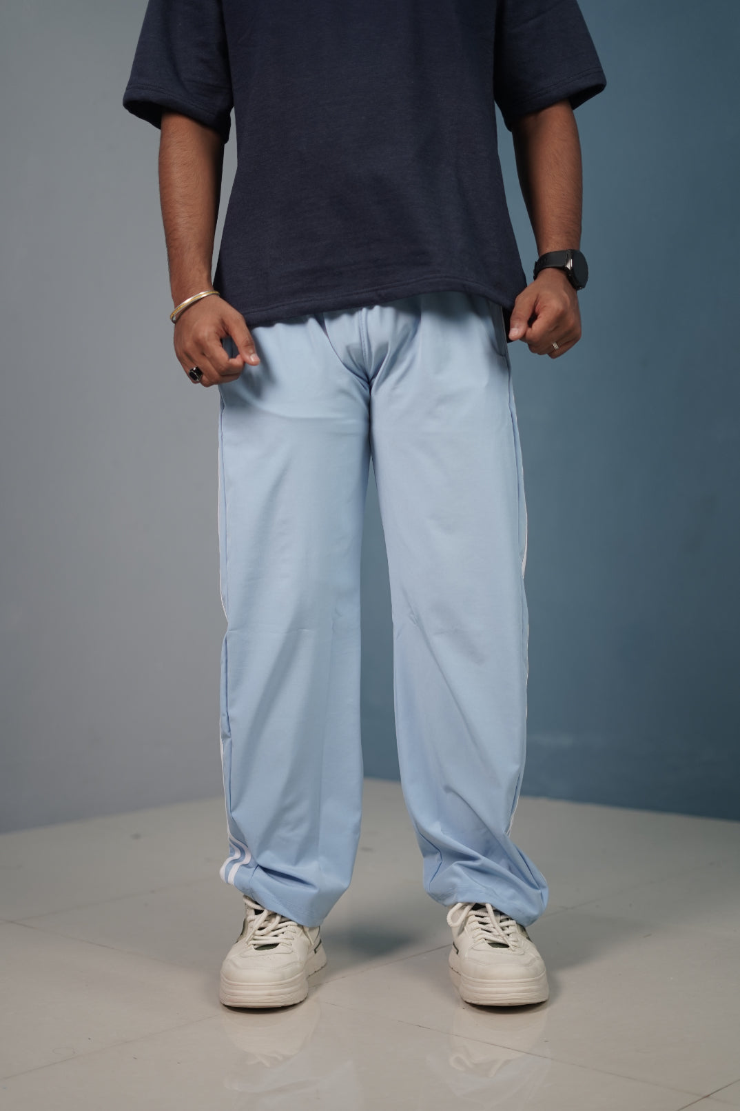 Triple-Stripe Street Baggy Track Pants for Men – Gym & Daily Wear - Ice Blue