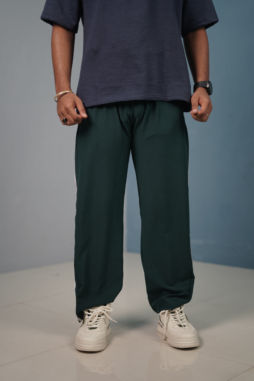 Triple-Stripe Street Baggy Track Pants for Men – Gym & Daily Wear - Bottle Green