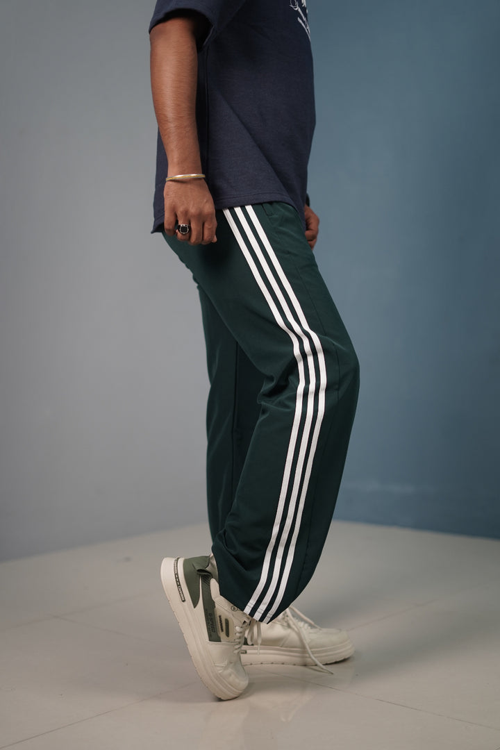 Triple-Stripe Street Baggy Track Pants for Men – Gym & Daily Wear - Bottle Green