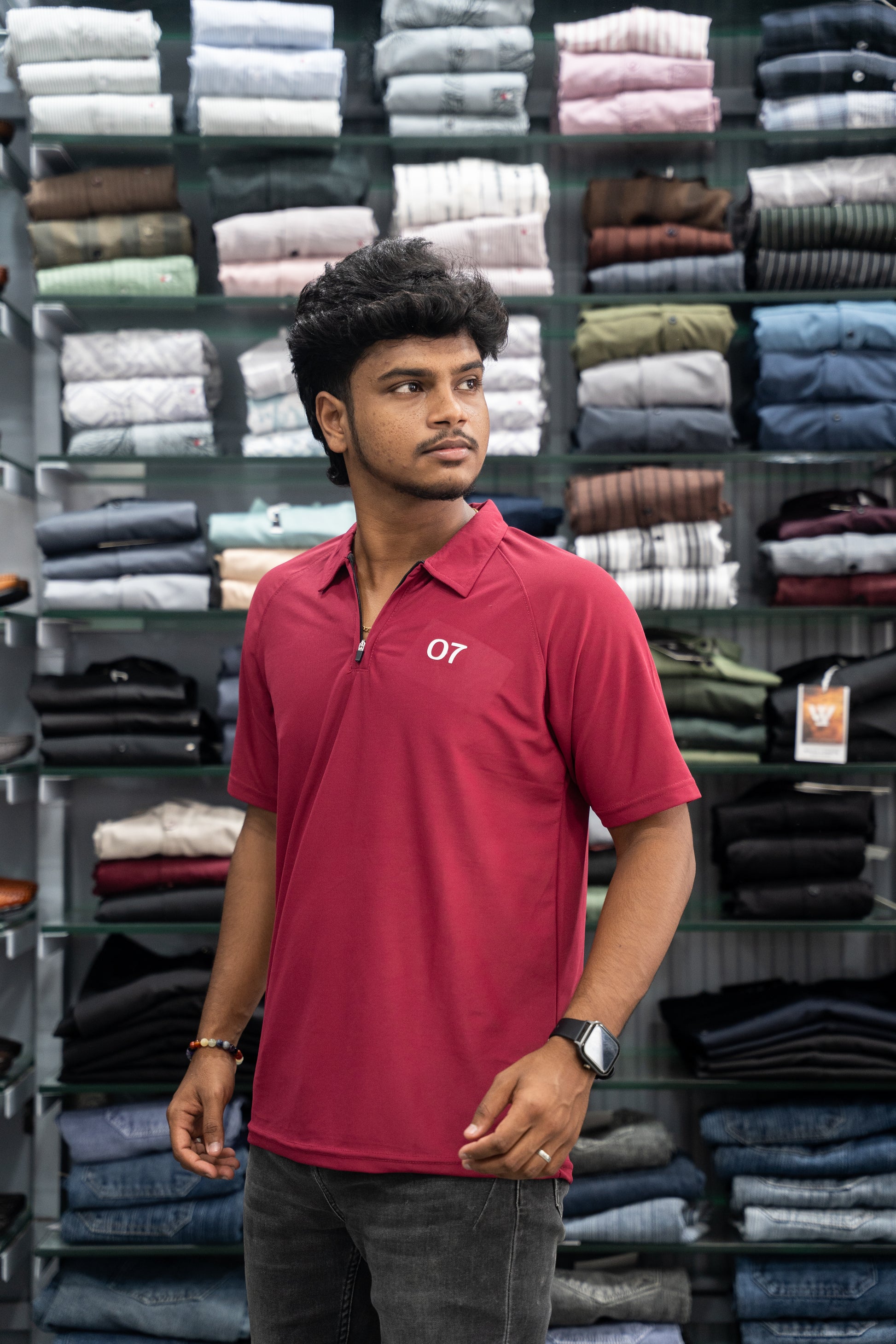 07 - Short Sleeve Zipper With Collar Attractive Men's Tshirt - Maroon-7 Man