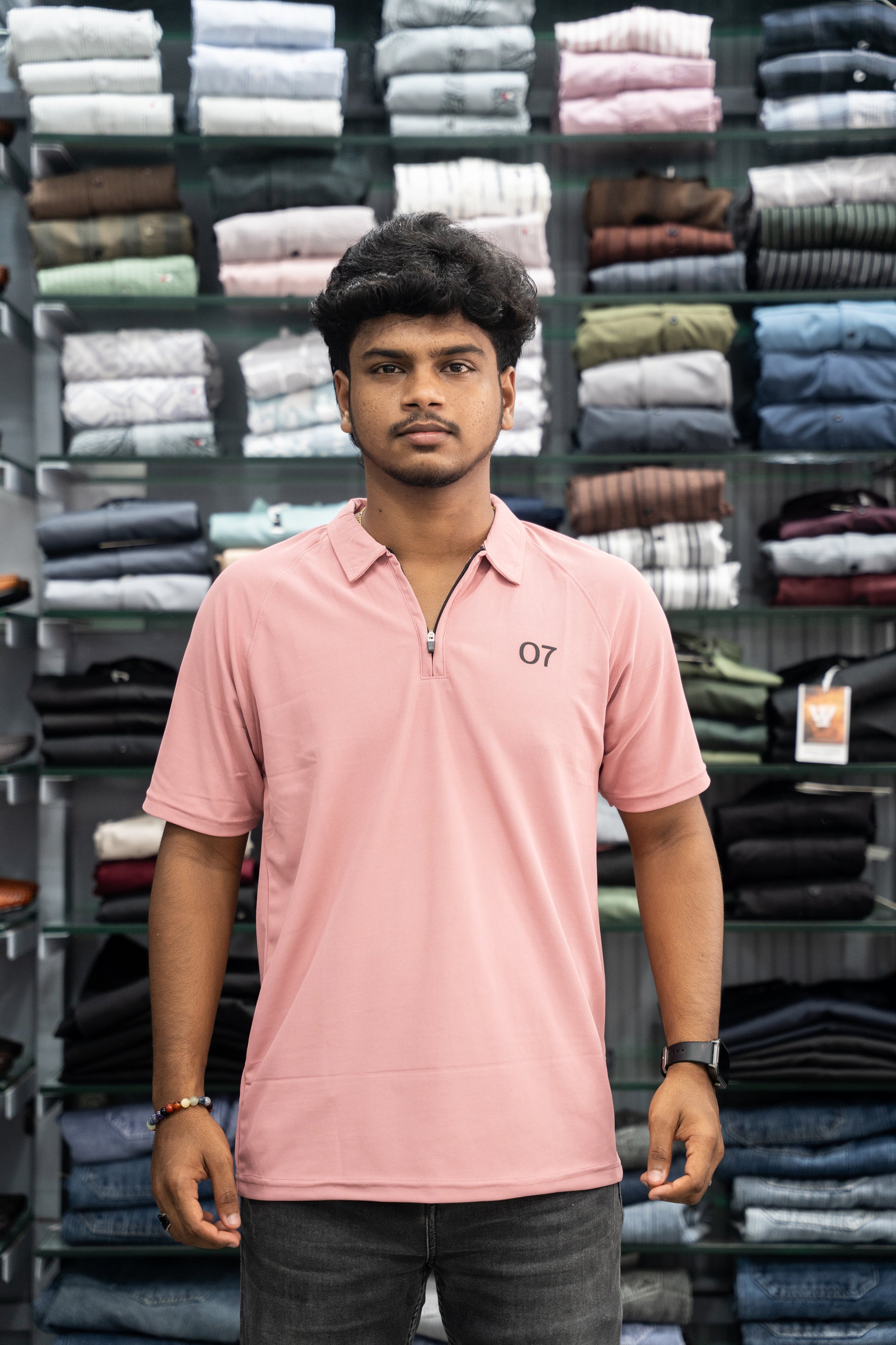 07 - Short Sleeve Zipper With Collar Attractive Men's Tshirt - Peach-7 Man