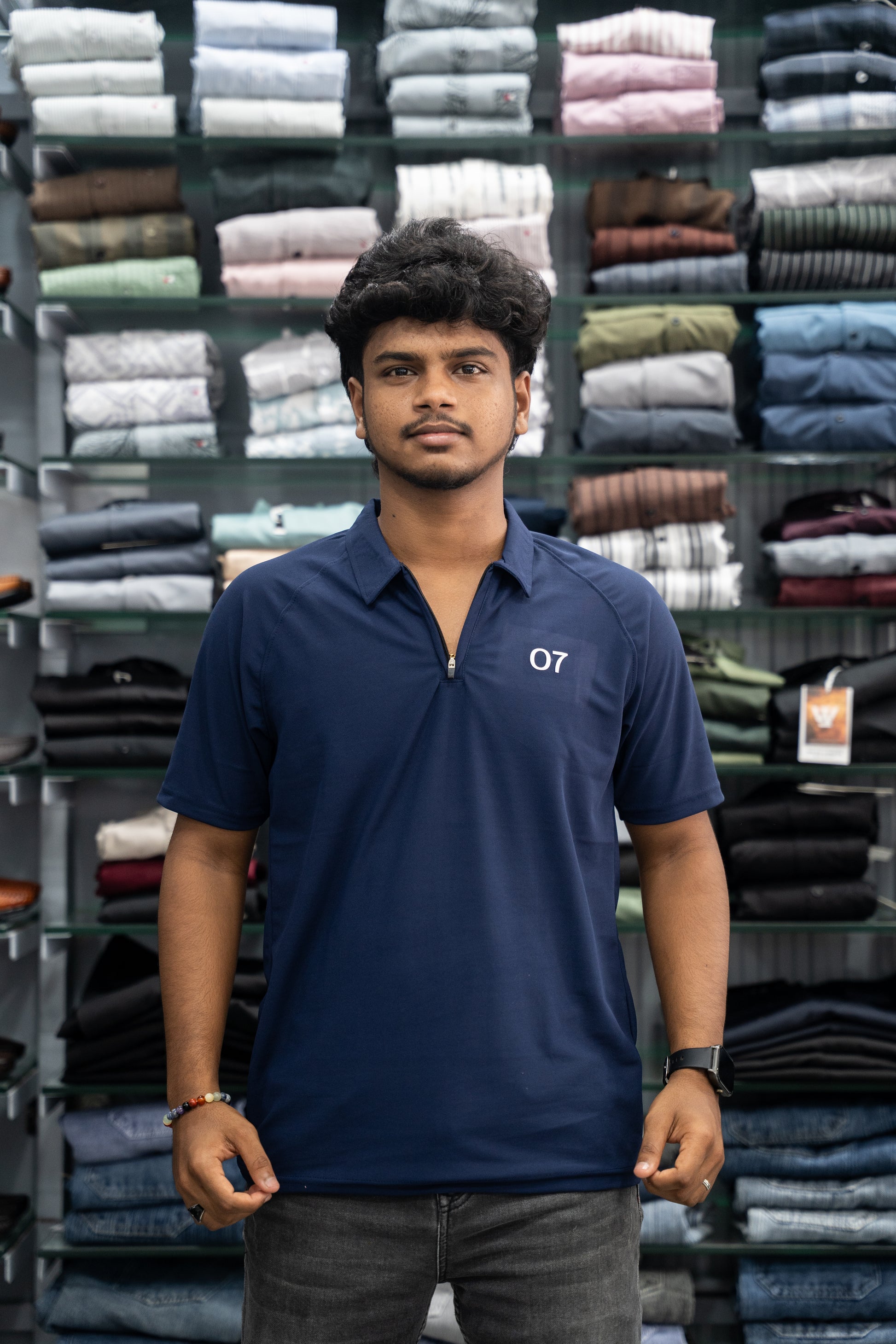 07 - Short Sleeve Zipper With Collar Attractive Men's Tshirt - Navy Blue-7 Man