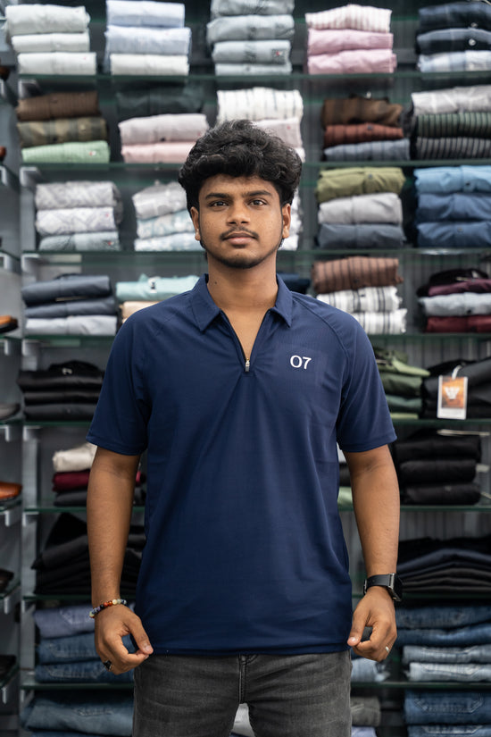07 - Short Sleeve Zipper With Collar Attractive Men's Tshirt - Navy Blue-7 Man