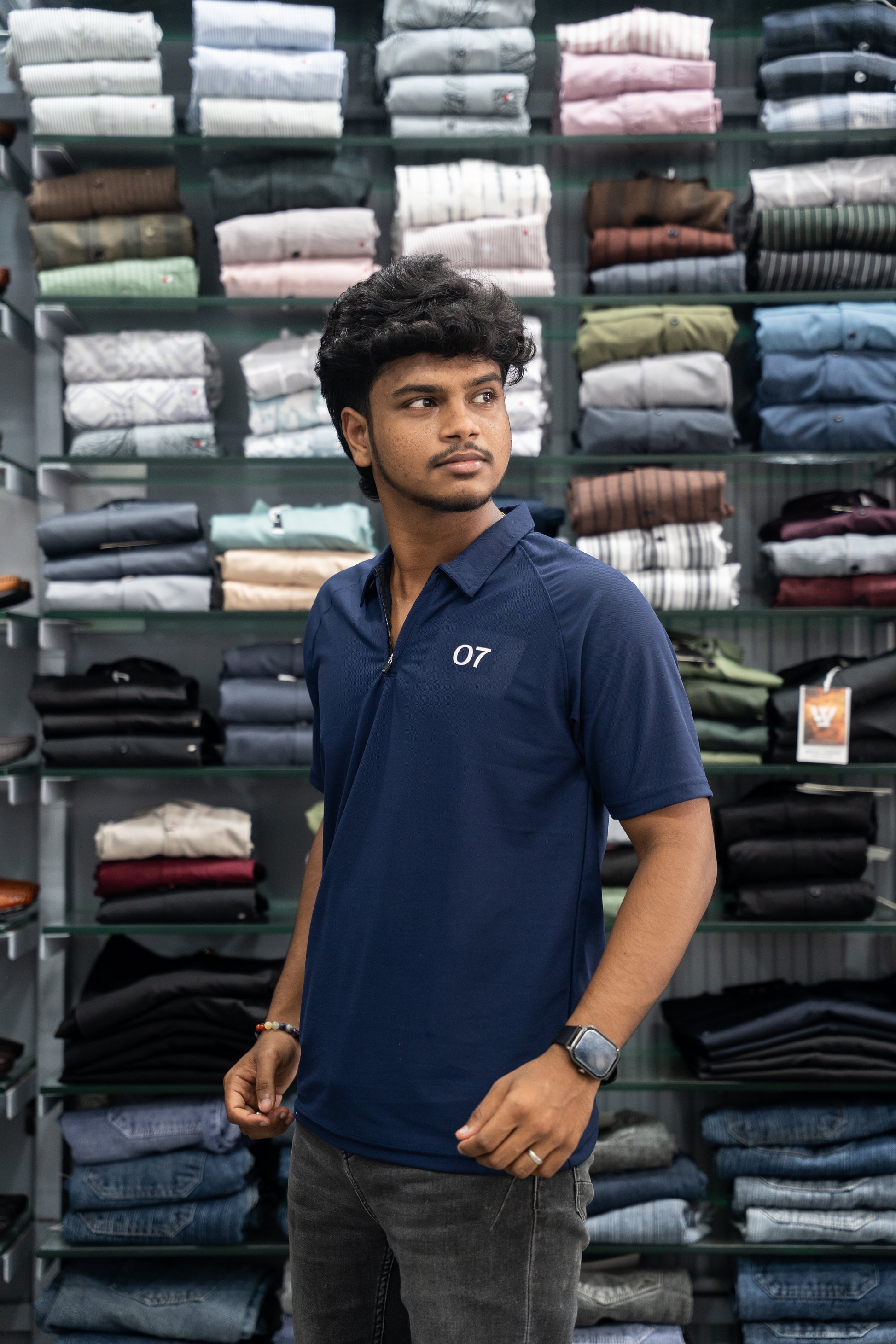 07 - Short Sleeve Zipper With Collar Attractive Men's Tshirt - Navy Blue-7 Man