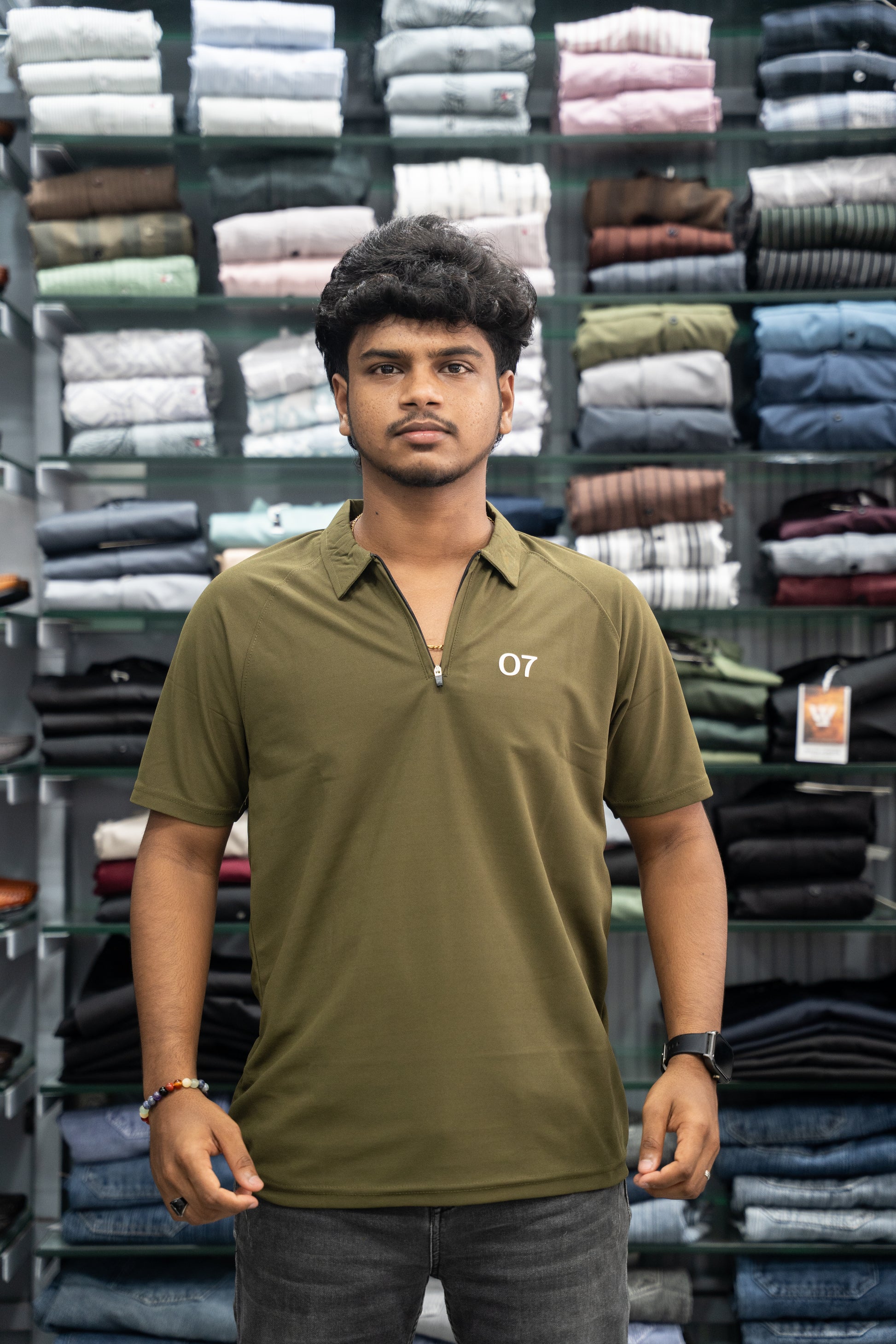 07 - Short Sleeve Zipper With Collar Attractive Men's Tshirt - Mehandi Green-7 Man