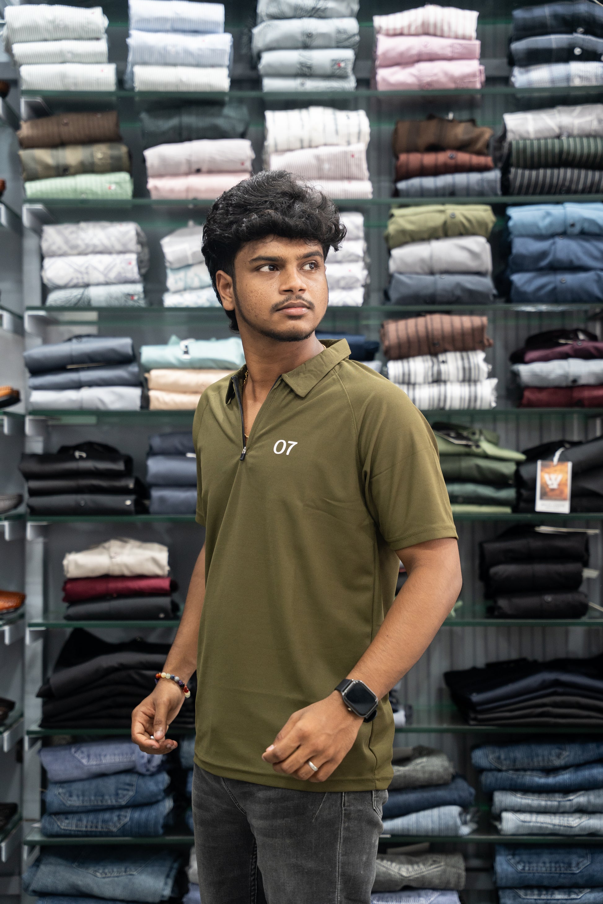 07 - Short Sleeve Zipper With Collar Attractive Men's Tshirt - Mehandi Green-7 Man
