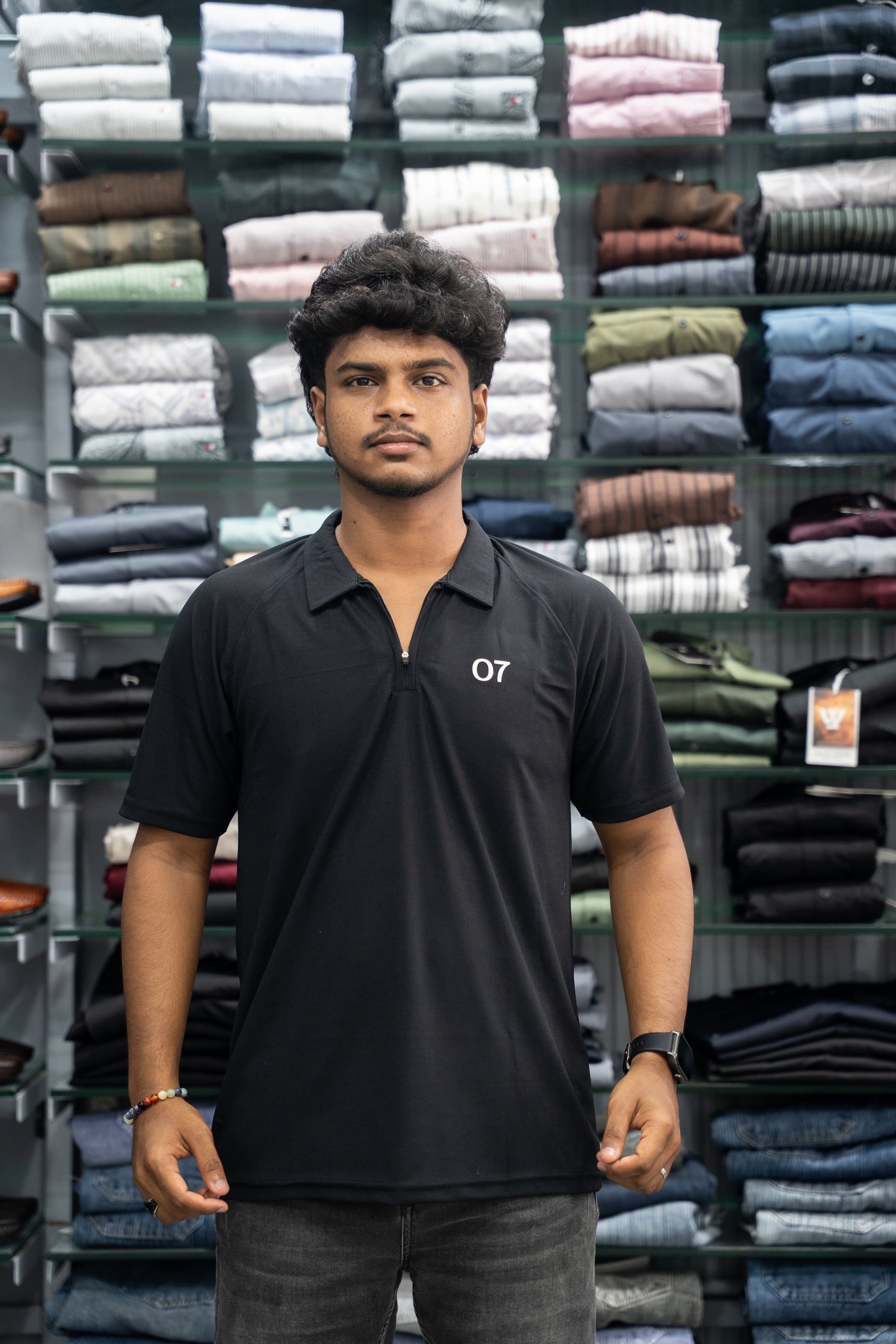 07 - Short Sleeve Zipper With Collar Attractive Men's Tshirt - Black