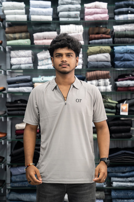 07 - Short Sleeve Zipper With Collar Attractive Men's Tshirt - Ash