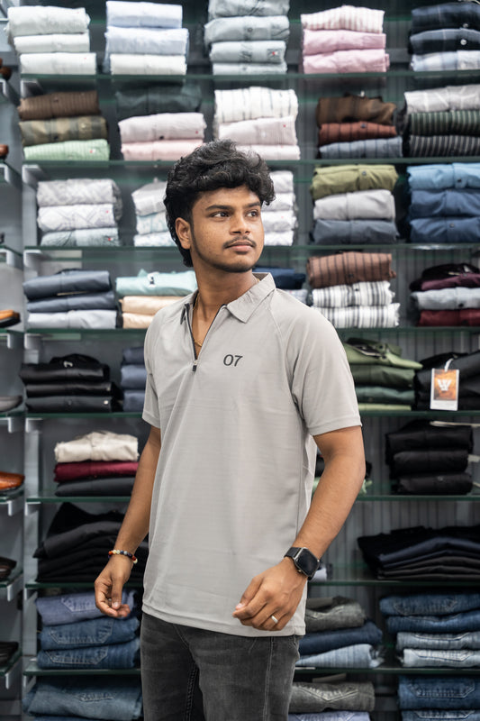 07 - Short Sleeve Zipper With Collar Attractive Men's Tshirt - Ash