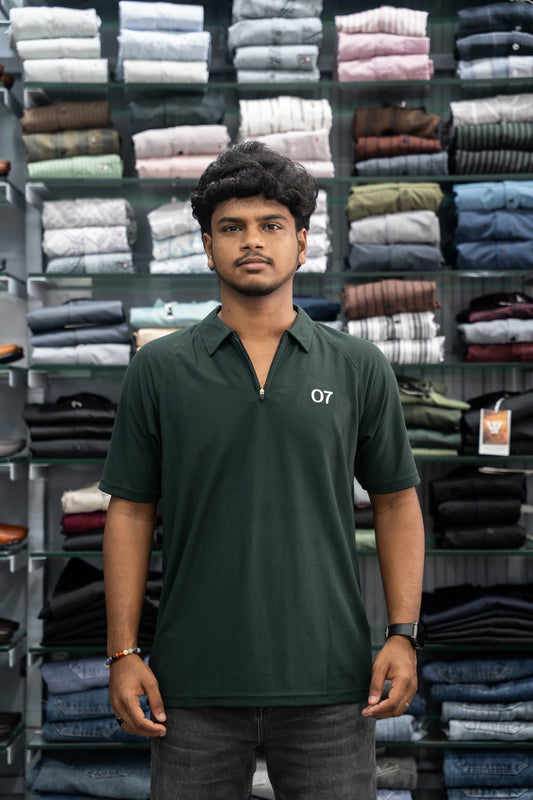 07 - Short Sleeve Zipper With Collar Attractive Men's Tshirt - Bottle Green