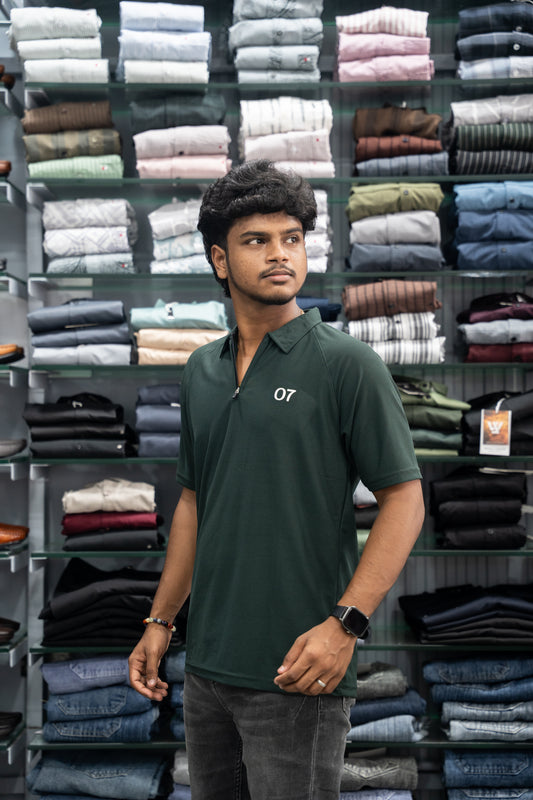 07 - Short Sleeve Zipper With Collar Attractive Men's Tshirt - Bottle Green