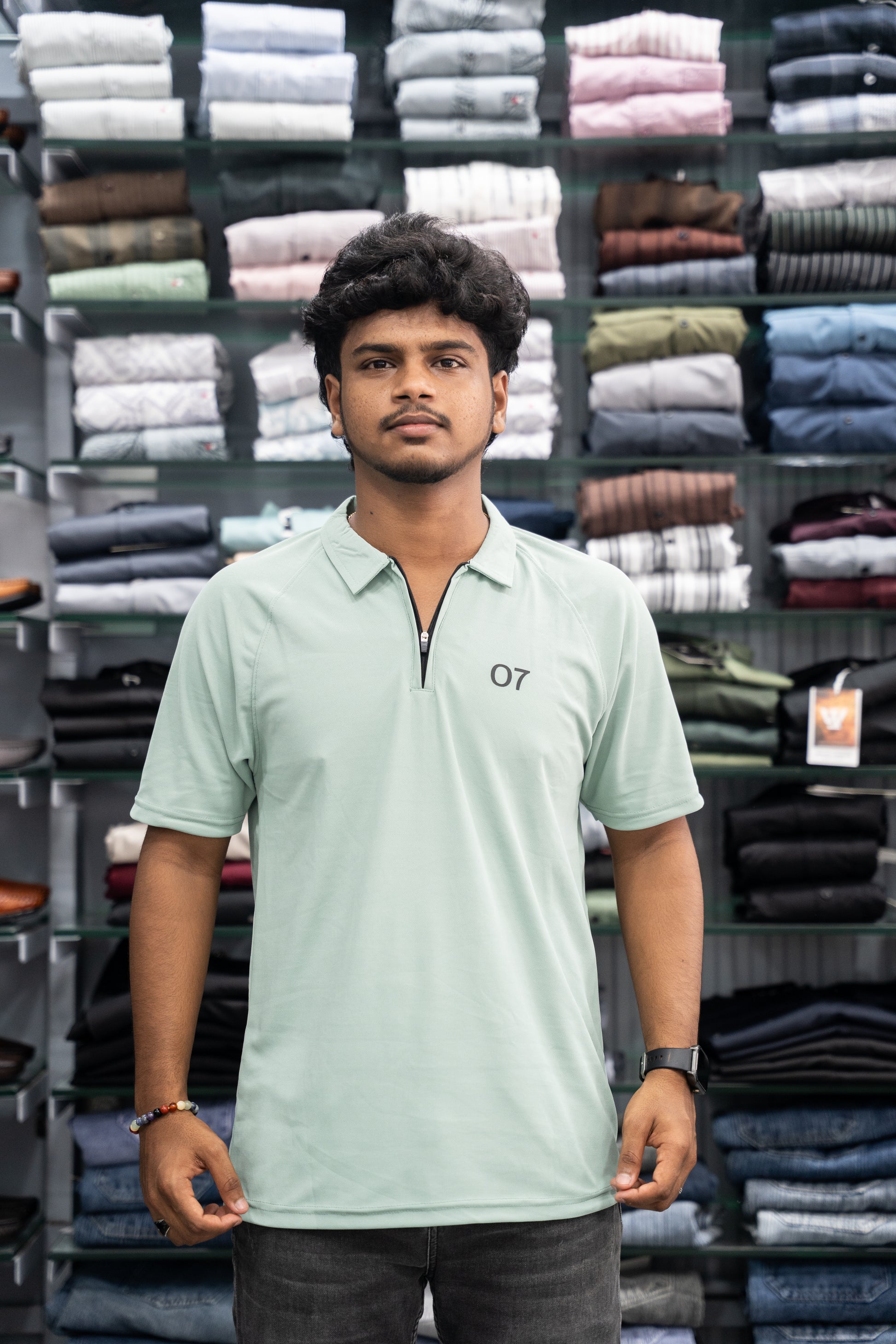 07 - Short Sleeve Zipper With Collar Attractive Men's Tshirt - Light Green-7 Man