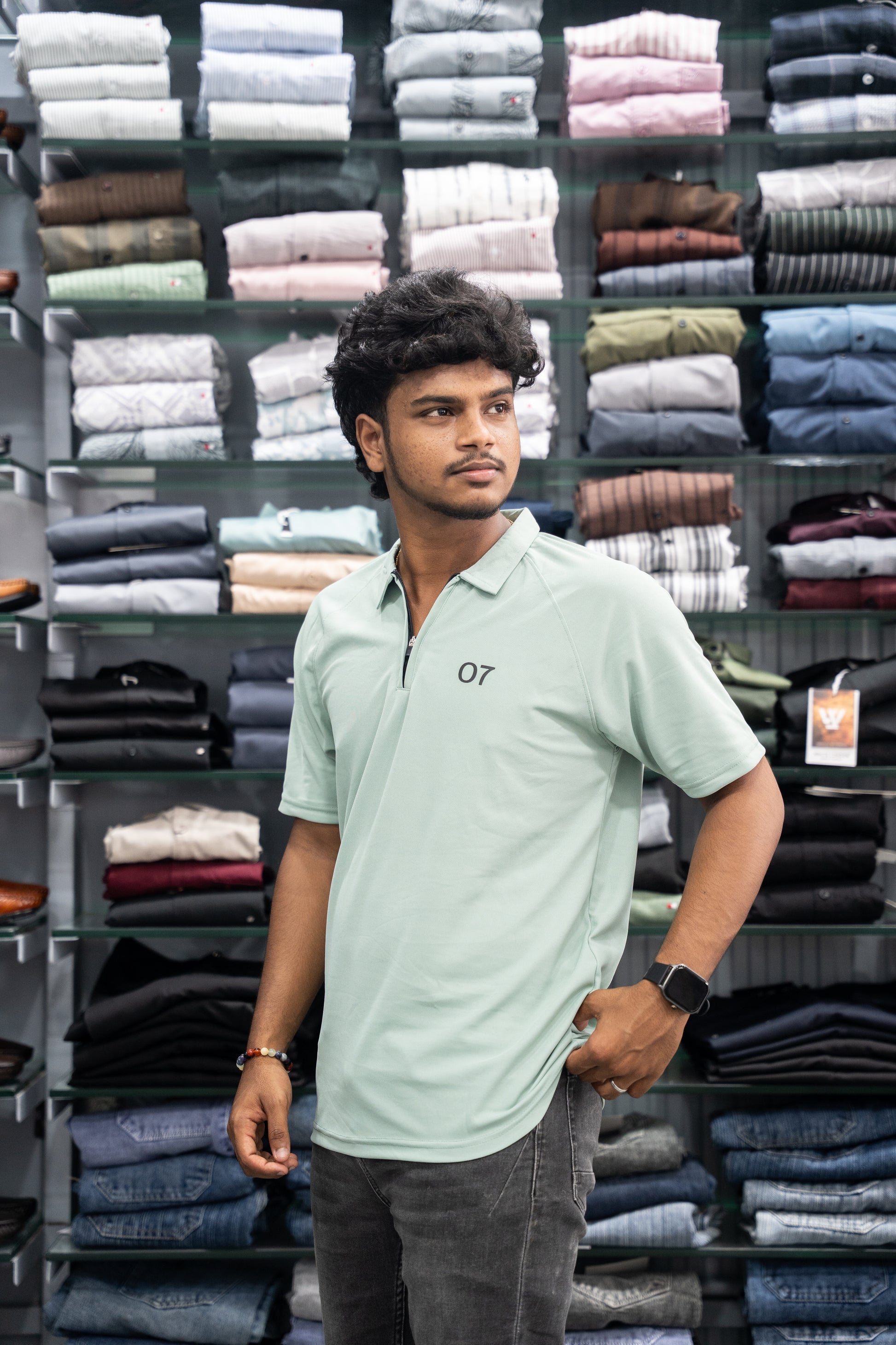 07 - Short Sleeve Zipper With Collar Attractive Men's Tshirt - Light Green-7 Man