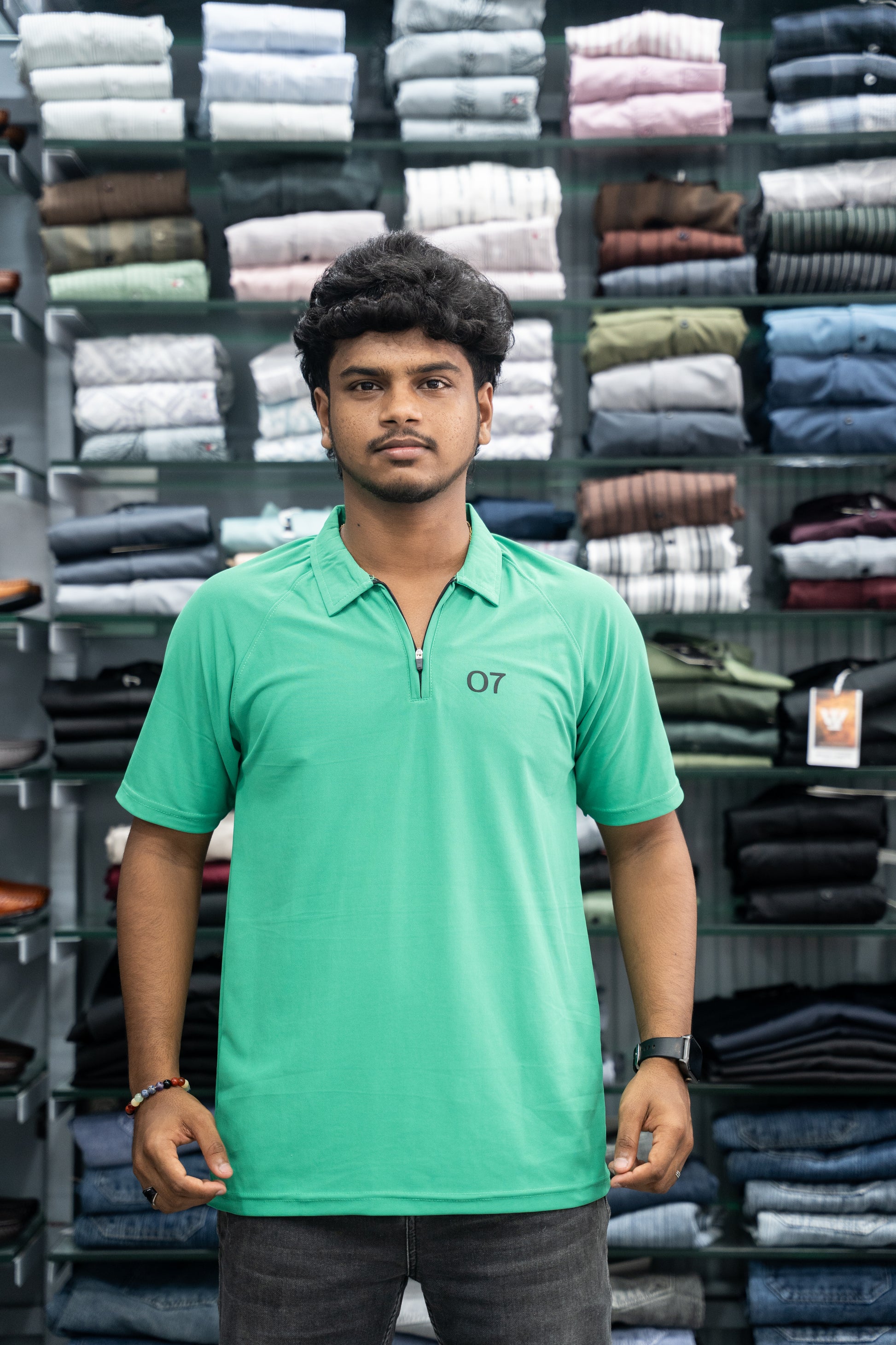 07 - Short Sleeve Zipper With Collar Attractive Men's Tshirt - Parrot Green-7 Man