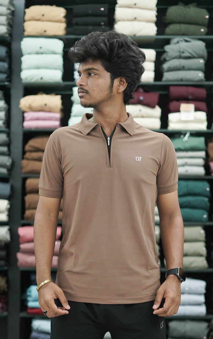 Short Sleeve Collar Neck Plain Polo Zipper 07 Mens Tshirt - Brown