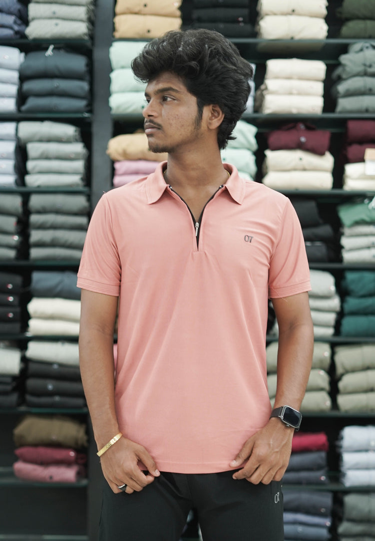 Short Sleeve Collar Neck Plain Polo Zipper 07 Mens Tshirt - Peach