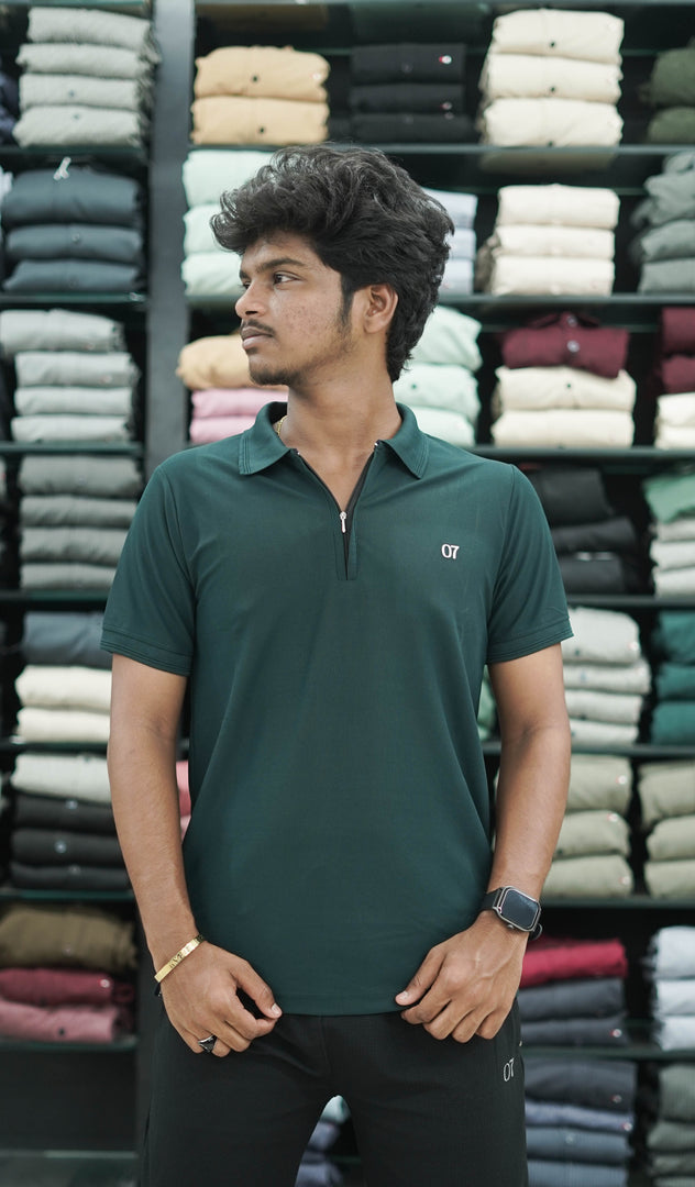 Short Sleeve Collar Neck Plain Polo Zipper 07 Mens Tshirt - Bottle Green