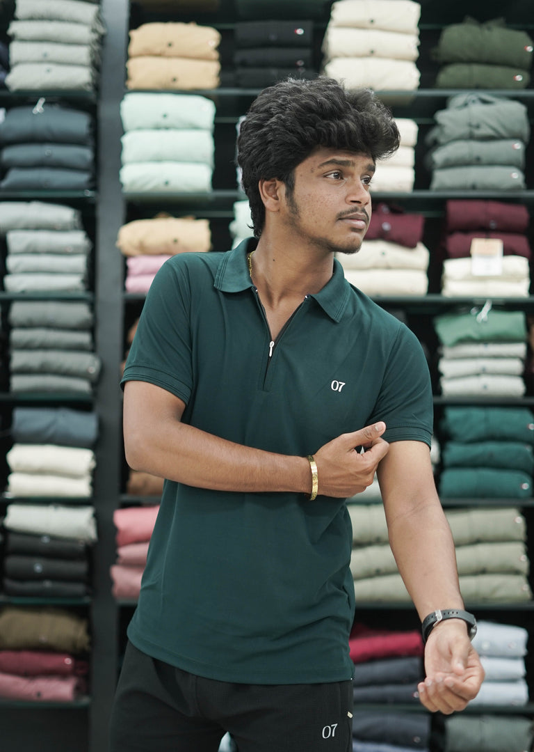 Short Sleeve Collar Neck Plain Polo Zipper 07 Mens Tshirt - Bottle Green