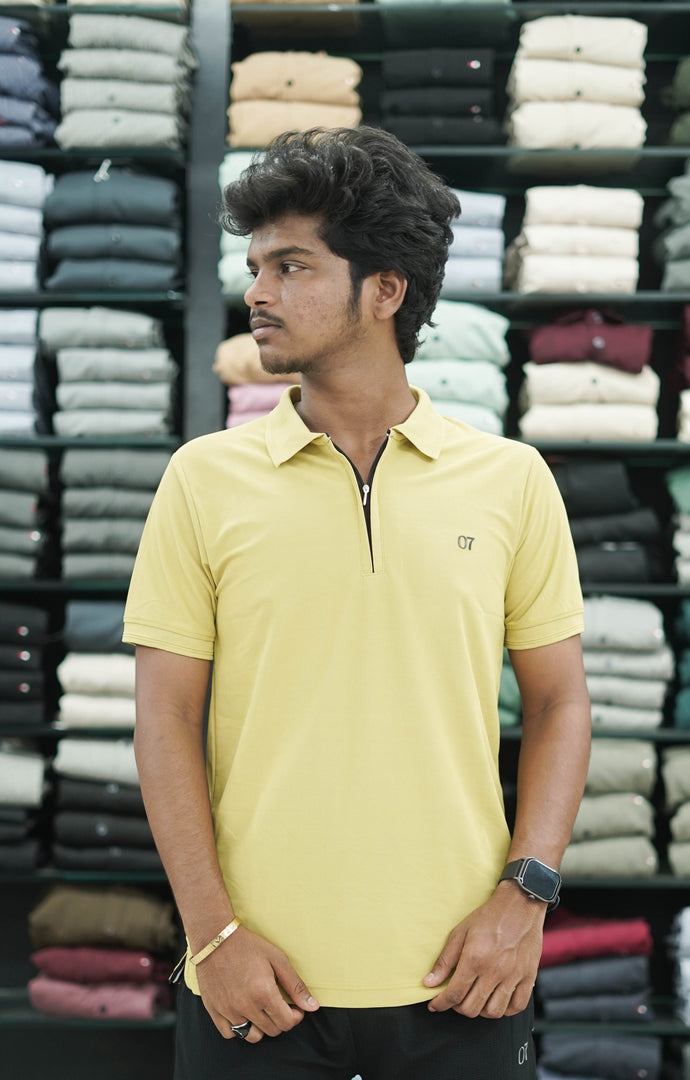 Short Sleeve Collar Neck Plain Polo Zipper 07 Mens Tshirt - Yellow