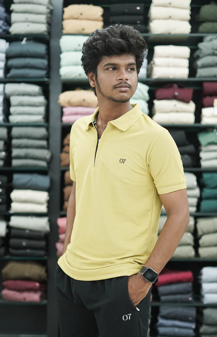 Short Sleeve Collar Neck Plain Polo Zipper 07 Mens Tshirt - Yellow